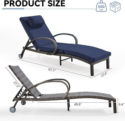 Pool Outdoor Lounge Chairs Set of 2,Outdoor Chaise Lounge w/ 5 Adjustable Back,Wicker Patio Pool Lounge Chair with Wheels for Poolside Deck Lawn,Deep Blue