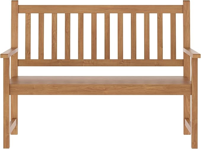 EMMA + OLIVER Ashford Patio Bench for Indoor/Outdoor Use, Acacia Wood Slatted Loveseat for 2, Perfect for Sunroom, Garden, Backyard or Porch, Brown