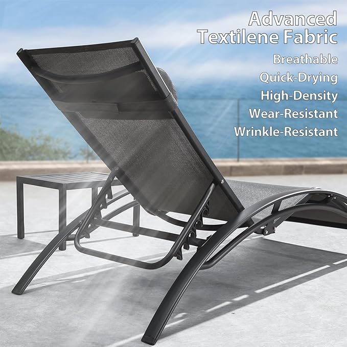 PURPLE LEAF Patio Chaise Lounge with 10' x 6.5' Tilt Umbrella Outdoor Lounge Chair Beach Pool Sunbathing Lawn Lounger, Base and Side Table Included, Grey