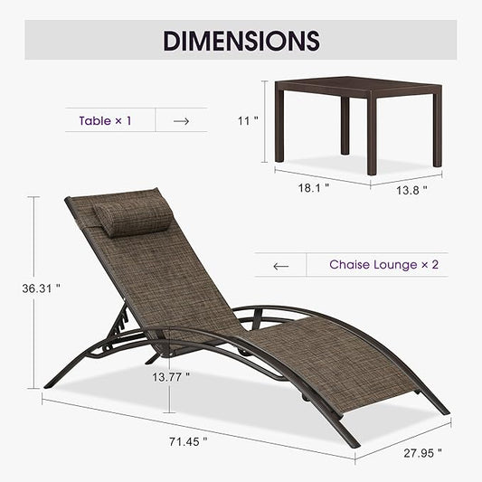 PURPLE LEAF Outdoor Oversized Chaise Lounge Chair Set of 3 Patio Pool Lounger Bronze Aluminum Chairs with Side Table Adjustable Tanning Recliner for Outside Backyard Yard Deck Balcony Beach Brown