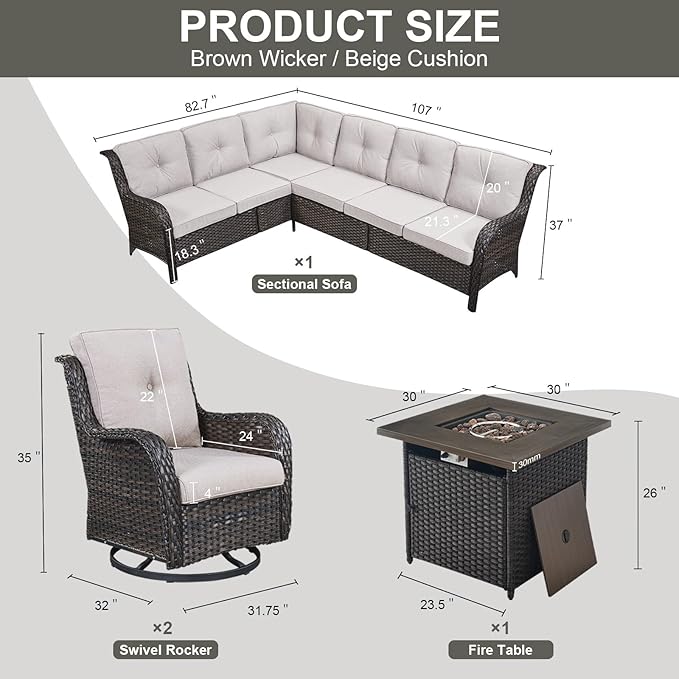 Belord Patio Furniture Set with Fire Pit Table, Outdoor Swivel Rocker Patio Chairs, Oversized Outdoor Sectional Couch - Photo 2