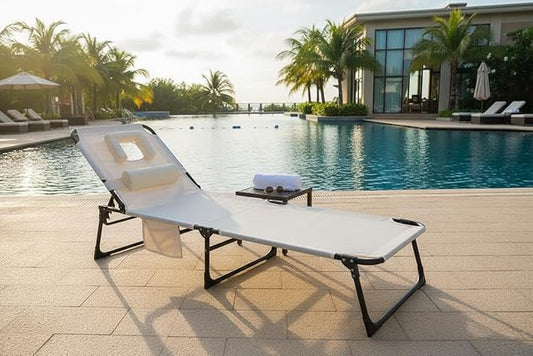 Tanning Chair with Face Hole Folding Beach Lounge Chair,5-Position Adjustable Backrest, Pillow & Side Pocket,Portable Face Down Chaise Lounge for Outdoor Backyard Poolside,Beach, Patio,Beige