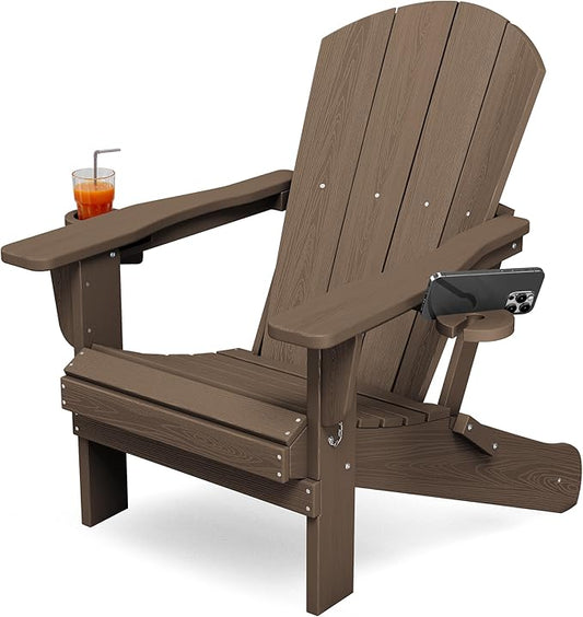 KINGYES Folding Adirondack Chair with Dual Cup Holders - HDPE All-Weather Outdoor Chairs, Wood-Like Patio Chair for Backyard, Camping, Pool & Fire Pit, Coffee