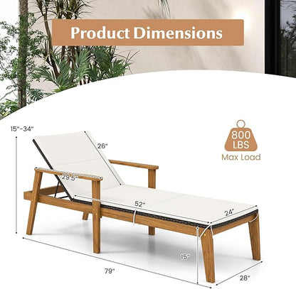 Tangkula Outdoor Chaise Lounge Chair, Rattan Patio Recliner with Armrests & 4-Level Backrest Adjustment, Cushioned Acacia Wood Patio Lounge Chair for Poolside, Backyard, Balcony