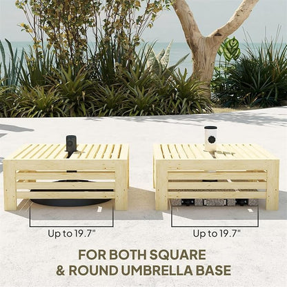 Wooden Outdoor Coffee Table with Umbrella Hole, 24.4 x 24.4 inches, Umbrella Base Stand Storage Box Design, Fir Wood (Natural)