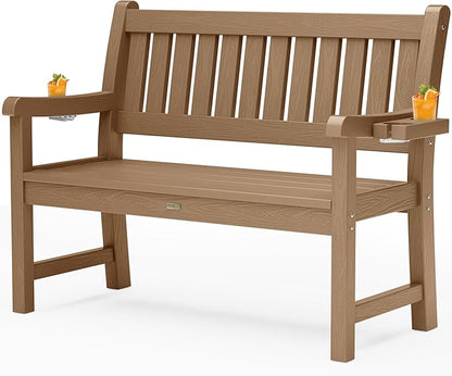 YEFU Outdoor Bench for Patio Waterproof: Heavy Duty 2-Person Garden Bench with 2 Cup Holders & Oversized Seating - HIPS Weatherproof Patio Benches for Front Porch Backyard Park, Teak