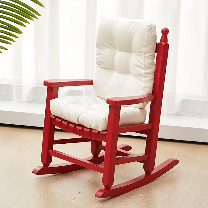 Kids Rocking Chair Cushion Pad Set Toddler Rocking Chair Indoor Outdoor Wooden Rocker Child Patio Rocker for Porch Balcony Lawn Indoor Outdoor(Red,Ages 2-5)