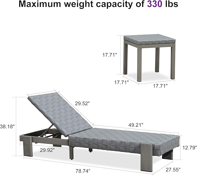 PURPLE LEAF Patio Chaise Lounge Modern Outdoor PU Leather Style Lounge Chair 4 Pieces with Adjustable Backrest Luxury Aluminum Chaise Lounge Chairs for Pool Garden Backyard Beach, Grey