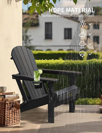 Carauci Plastic HDPE Adirondack Chair, Folding Adirondack Chair Weather Resistant with Cup Holder, Wooden Textured Fire Pit Outdoor Chair for Garden, Porch, Lawn, Backyard, Supports 380LBS, Black