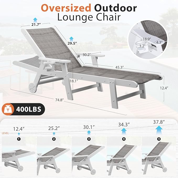 Outdoor Chaise Lounge Chair set of 2, 5-Position Adjustable Pool Lounge Chair with Wheels & Cup Holder - Photo 3