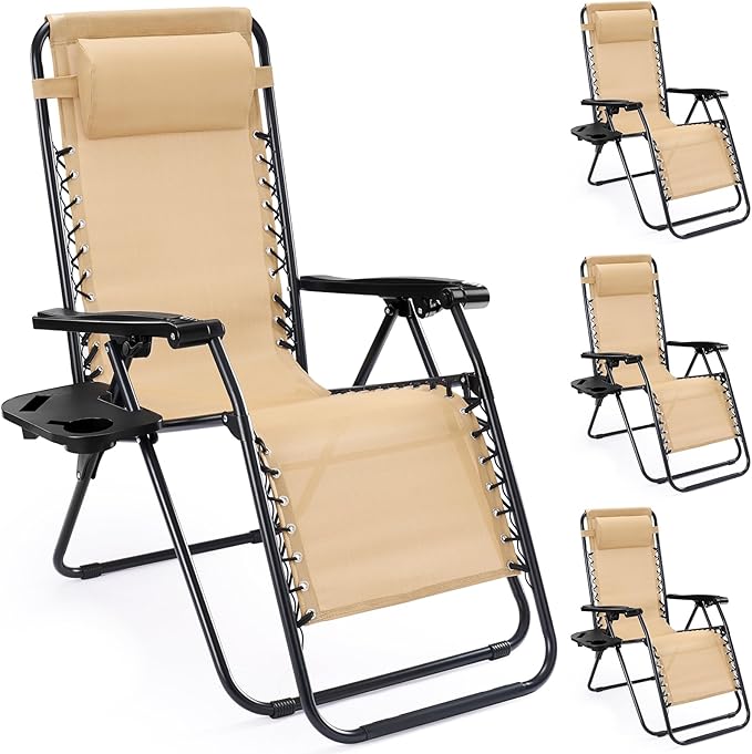 NEWBULIG Zero Gravity Chair Set of 4, Lounge Chair Folding Portable Adjustable Camping Reclining Chairs with Adjustable Pollow, Mesh Back, Cup Holder Trays Lawn Patio Chair for Pool Beach - Tan