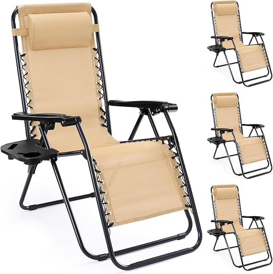 NEWBULIG Zero Gravity Chair Set of 4, Lounge Chair Folding Portable Adjustable Camping Reclining Chairs with Adjustable Pollow, Mesh Back, Cup Holder Trays Lawn Patio Chair for Pool Beach - Tan