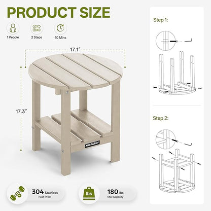 Outdoor Side Table Round - Patio Side Tables - HDPE Small Outdoor End Table for Backyard Pool Porch Balcony - Double Layer Storage - Sand (Wood Grain Finish)