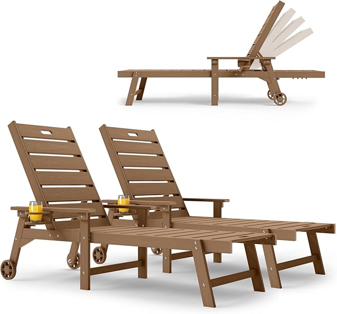 YEFU Lounge Chair Outdoor Set of 2: Outdoor Chaise Lounge with 5-Level Adjustable Backrest, Cup Holders & Wheels, All-Weather Resistance Chaise Lounge for Outside/Patio/Beach/Deck, Teak