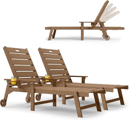 YEFU Lounge Chair Outdoor Set of 2: Outdoor Chaise Lounge with 5-Level Adjustable Backrest, Cup Holders & Wheels, All-Weather Resistance Chaise Lounge for Outside/Patio/Beach/Deck, Teak