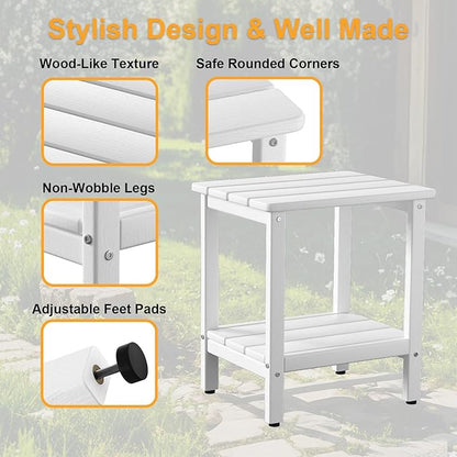 Outdoor Side Table, 17.7-Inch Small Patio Adirondack Side Table with Adjustable Feet, Outdoor End Table for Porch Deck Balcony Pool, All-Weather HDPE Material Easy Maintenance, White