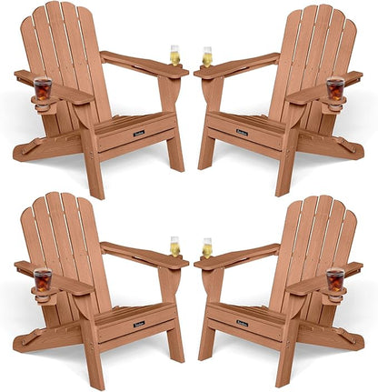 Adirondack Chairs Set of 4, HDPE Material Fire Pit Chairs, Plastic Adirondack Chairs with 2 Cup Holder, Outdoor Lawn Chair for Patio Garden, Teak