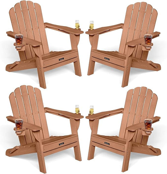 Adirondack Chairs Set of 4, HDPE Material Fire Pit Chairs, Plastic Adirondack Chairs with 2 Cup Holder, Outdoor Lawn Chair for Patio Garden, Teak