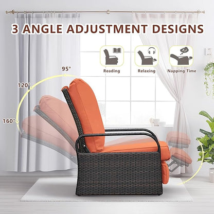 ATR ART TO REAL Outdoor Recliner, Set of 2 Wicker Reclining Chair with Coffee End Side Table, Aluminum Frame Patio Chaise Lounge Chairs with Thicken Cushions (Orange)