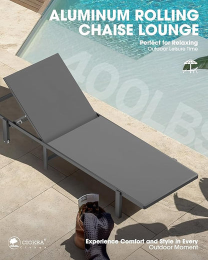 Ciokea Pool Chaise Lounge Chair Set of 4, Outdoor Lounge Chairs with Wheels, 5-Position Adjustable Sun Loungers for Outside, Deck, Beach, Grey