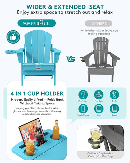 SERWALL Folding Adirondack Chair Set of 4, Outdoor Adirondack Chairs with 4 in 1 Cup Holder, Wood Texture Patio Chairs, Weather Resistant Fire Pit Chairs for Patio Deck Garden, Backyard - Aruba Blue