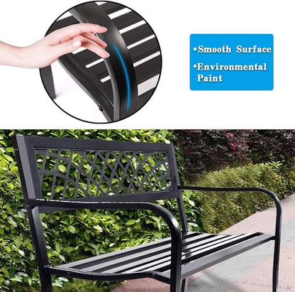 Patio Bench Outdoor - 480lb Capacity Heavy Duty Steel Frame Garden Bench, Cast Iron Furniture for Porch, Balcony, Poolside, Lawn - Weather-Resistant Black