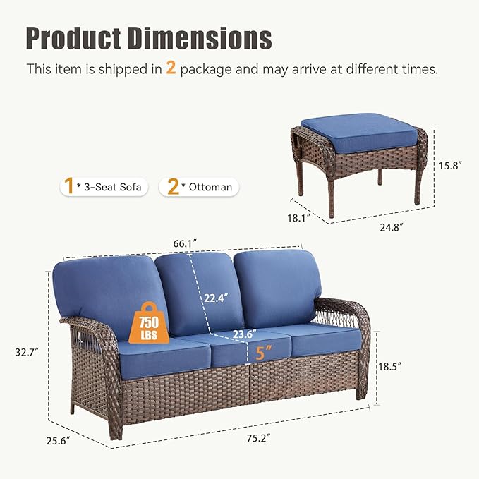 3 Pieces Patio Sofa Furniture Set, Wicker Sofa Outdoor Furniture High Back Rattan 3 Seater Couch with Ottomans - Photo 2