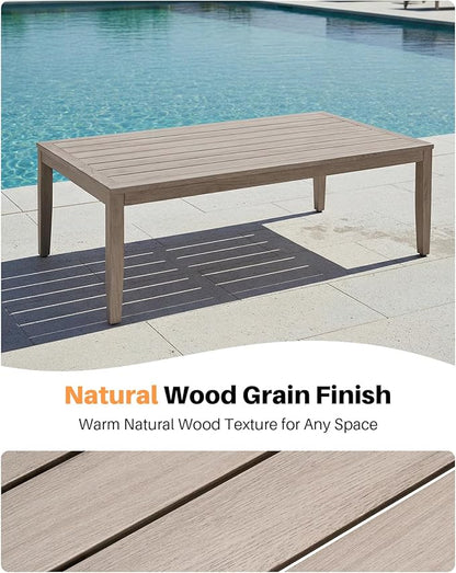 Never-Rust Aluminum Outdoor Coffee Table, All-Weather Patio Coffee Table with Faux Wood Grain Finish Frame, Rectangle Outdoor Table with Adjustable Feet for Garden, Porch, Backyard, Indoor | Never-Rust Aluminum, Faux Wood Grain, Adjustable Feet