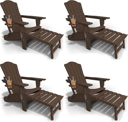 Adjustable Adirondack Chairs with Retractable Ottoman Set of 4, HDEP Folding Adirondack Chair with Footrest & Cup Holder, All Weather Fire Pit Chair for Outdoor,Brown