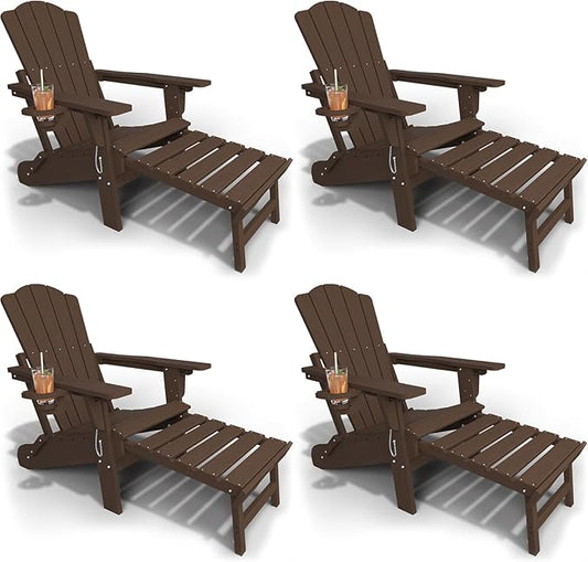 Adjustable Adirondack Chairs with Retractable Ottoman Set of 4, HDEP Folding Adirondack Chair with Footrest & Cup Holder, All Weather Fire Pit Chair for Outdoor,Brown