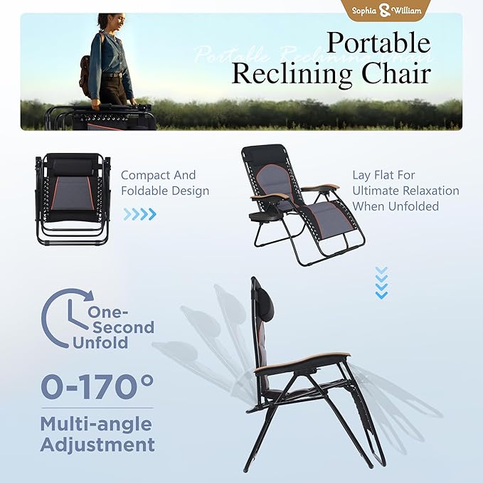 Sophia & William Oversized XXL Zero Gravity Chair Padded, Folding Lounge Chair Outdoor Gravity Chair with Wide Armrest and Cup Holder, Support 400 LBS, Black