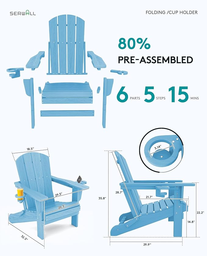 SERWALL Adirondack Chair with Cup Holders - Composite Adirondack Chairs Set of 8 HDPE Outdoor Chairs All Weather Use- Light Blue