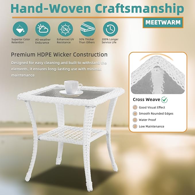 MEETWARM Wicker Outdoor Side Table, All-Weather Patio Rattan Side Table with Tempered Glass Top and Storage Shelf - Photo 5