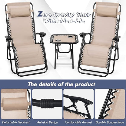 Tangkula 3 Pieces Outdoor Zero Gravity Chair Set, Folding Reclining Lounge Chair with Adjustable Backrest, Head Pillow, Matching Table with Cup Holder, Camping Recliner for Poolside, Yard (Beige)