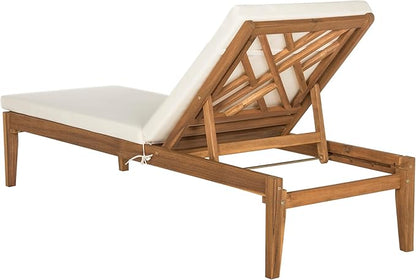 SAFAVIEH Outdoor Collection Azusa Natural Solid Wood/Beige Cushion Adjustable Chaise Lounge Chair (PAT6729A)