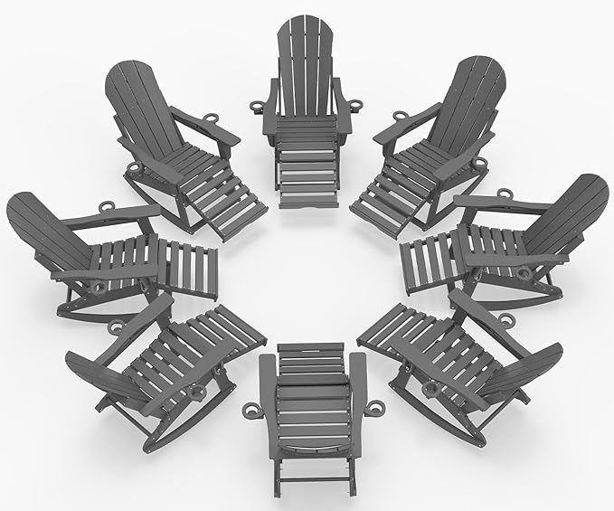 Adirondack Rocking Chairs Set of 8 with Retractable Ottoman, All Weather Folding Adirondack Chair with Two Cup Holders, Adirondack Outdoor Rocking Chairs for Porch, Patio, Balcony. Grey