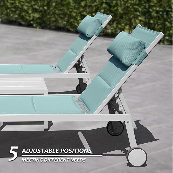 Domi Patio Chaise Lounge Set of 2 with Side Table, Adjustable Full Aluminum Pool Lounge Chairs with Wheels - Photo 2