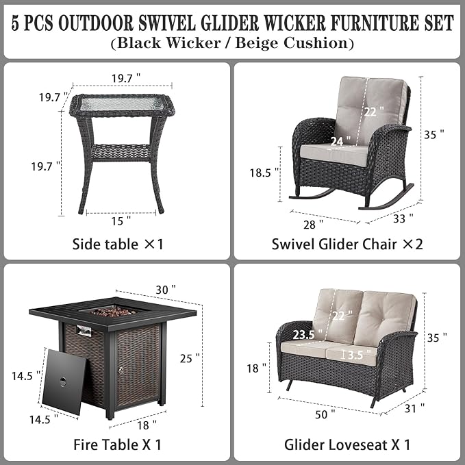 Belord 5 Pieces Patio Furniture Set with 50000 BTU Propane Fire Pit Table, All-Weather Patio Rocking Chairs - Photo 4