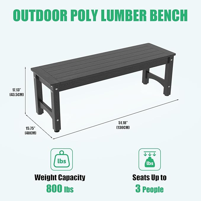 51" HIPS Outdoor Bench Weatherproof, All-Weather 2-Person Patio Dining Bench Holds up to 800LBS - Photo 3