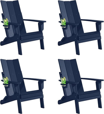 Folding Adirondack Chairs Set of 4, All-Weather Resistant HDPE Patio Firepit Chairs, Sturdy Outside Chairs with Cup Holder, Pre-Installed Lawn Chairs Load Capacity 385lb, Navy Blue