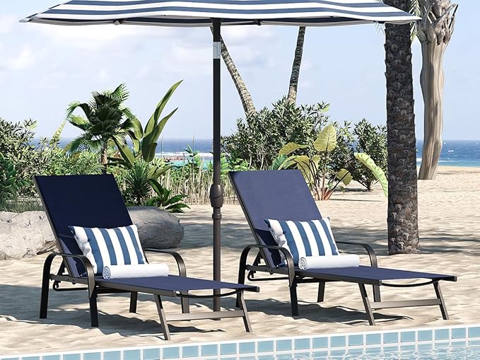 Outdoor Lounge Chair, Adjustable Patio Reclining Chaise with Textilene Fabric, Pool Lounge Chair with 5-Position Backrest for Patio, Garden, Poolside & Balcony,Navy Blue Set of 2