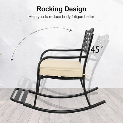 Rocking Chair with Footrest, Outdoor Rocking Bench, Thick Cushion, Reading Accent Chairs Leisure Rocker Armchair for Front Porch, Garden, Backyard, Supports Up to 350 lbs (Black)