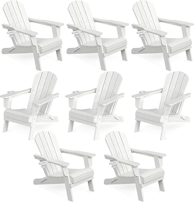 LOUNZY Folding Adirondack Chair Set of 8, HDPE All-Weather Folding Adirondack Chair with Cup Holders, Outdoor Patio Adirondack Chair for Deck Lawn Fire Pit, White