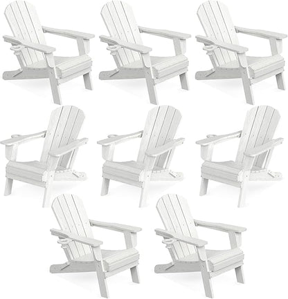 LOUNZY Folding Adirondack Chair Set of 8, HDPE All-Weather Folding Adirondack Chair with Cup Holders, Outdoor Patio Adirondack Chair for Deck Lawn Fire Pit, White