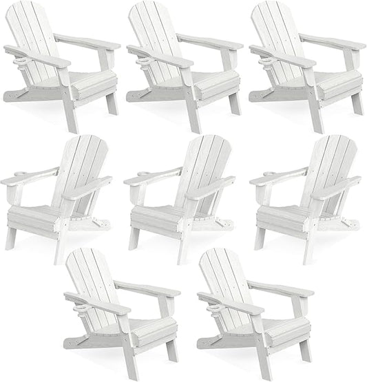 LOUNZY Folding Adirondack Chair Set of 8, HDPE All-Weather Folding Adirondack Chair with Cup Holders, Outdoor Patio Adirondack Chair for Deck Lawn Fire Pit, White