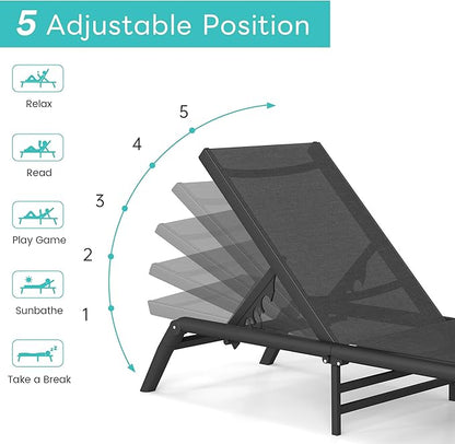 Outdoor Chaise Lounge Chairs Set of 2, No Assembly Required, 5-Position Adjustable Backrest, Foldable Lightweight Patio Lounge for Poolside, Deck, Lawn & Beach, Dark Grey