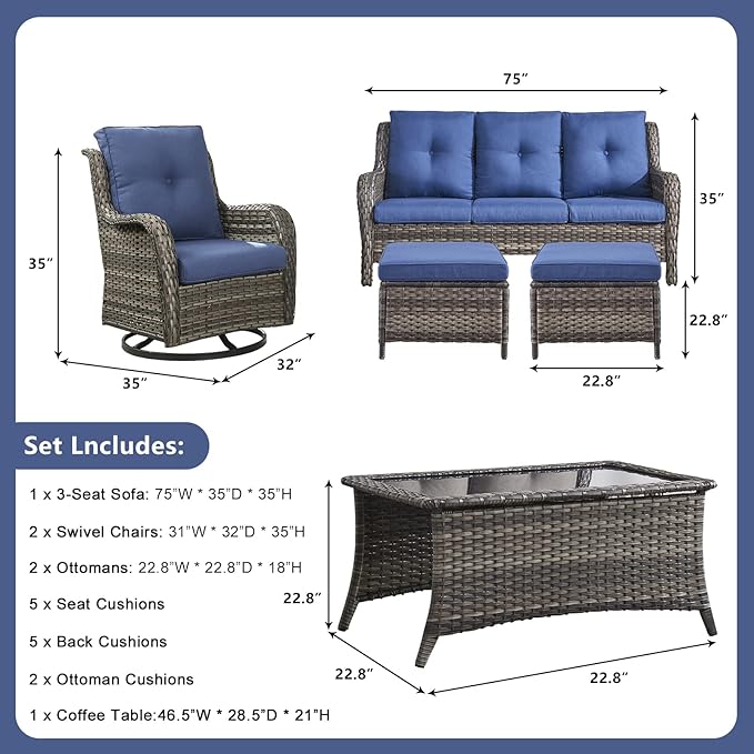 Rilyson Wicker Patio Furniture Set - 6 PC Rattan Outdoor Sectional Conversation Sets with 2 Swivel Rocking Chairs - Photo 2