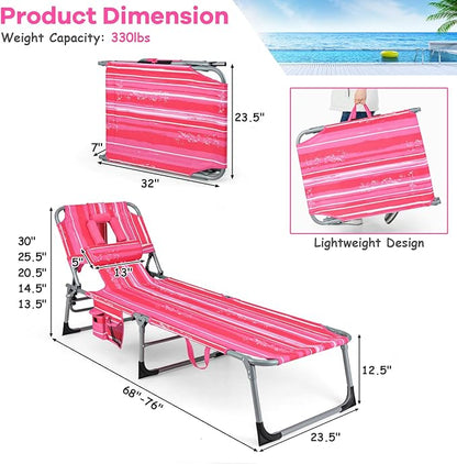 GYMAX Tanning Chair, Folding Beach Lounger with Face Arm Hole, Adjustable Backrest, Side Pocket & Carry Handle, Outside Sunbathing Lounge Chair for Patio, Poolside, Lawn (2, Pink Stripe)