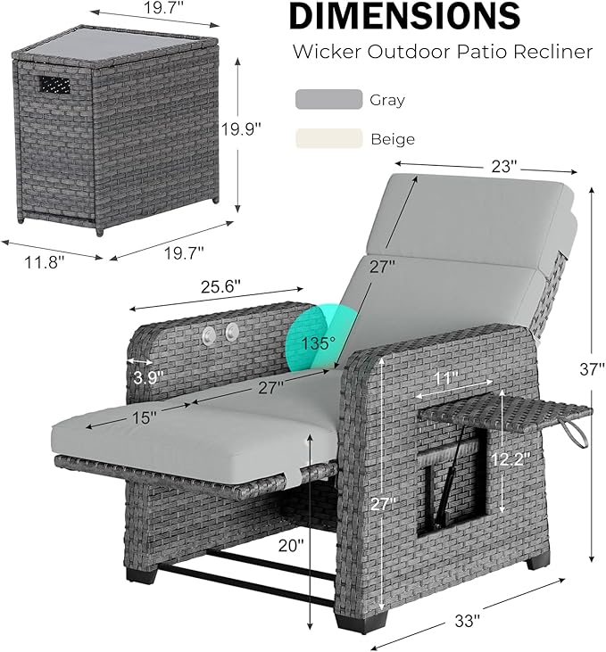 Restland Outdoor Recliner with Independent Adjustable Back & Footrest Wicker Patio Reclining Chair with Flip Table - Photo 2