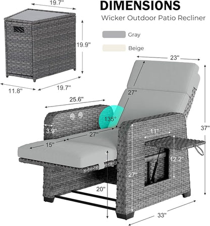 Restland Outdoor Recliner with Independent Adjustable Back & Footrest Wicker Patio Reclining Chair with Flip Table Comfortable Lounge Chair & Thick Cushion for Deck, Porch (3 Piece, Grey)